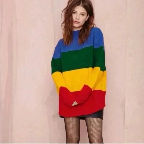 UNIF Women's Small Crayola Sweater Stripe Primary Color Block Mock Neck Emma Cha - Picture 3 of 16